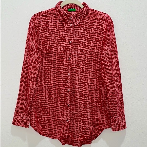 United Colors of Benetton-Red & White-Long Sleeve Cotton Button Down Top-Small - Picture 1 of 11